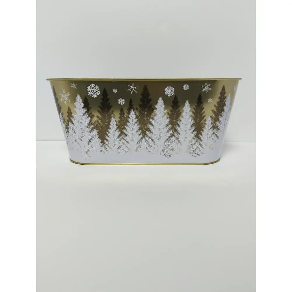 Winter Forest Oval Metal Planter, Centerpiece or Gift Basket Container